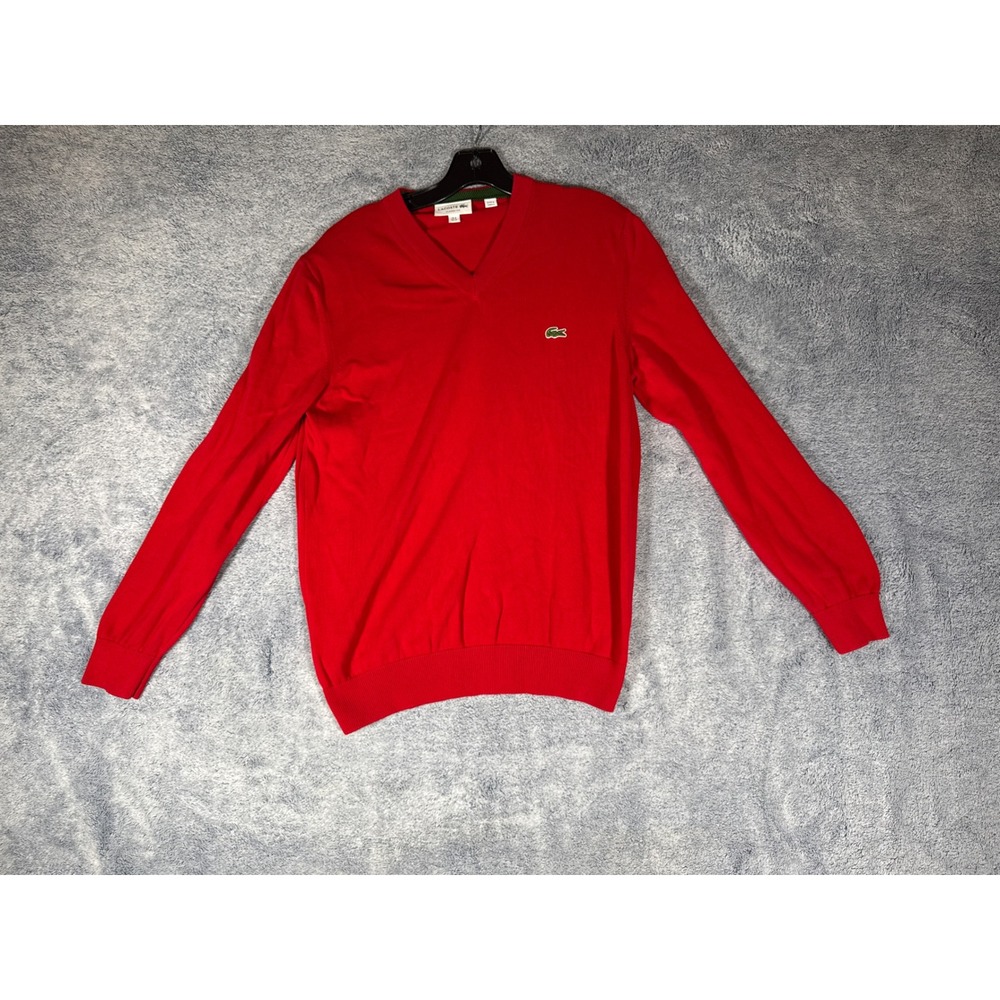 Lacoste Mens Red Cotton V-Neck Sweater Classic Fit Size 4 Medium AH2987-51